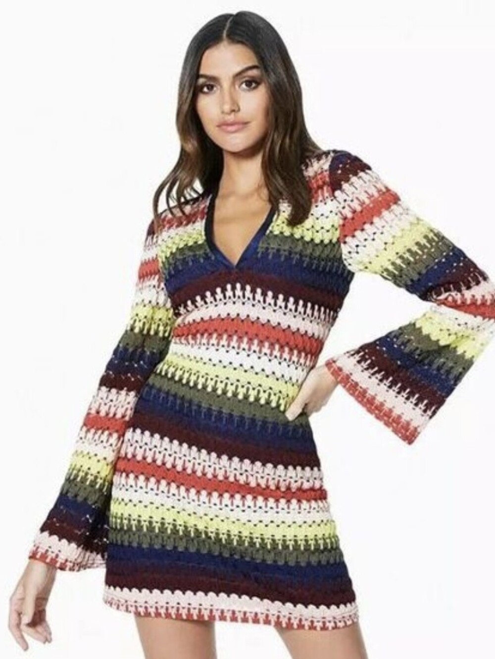 Ramy Brook Multicolor Striped Crochet V-Neck Mini Dress